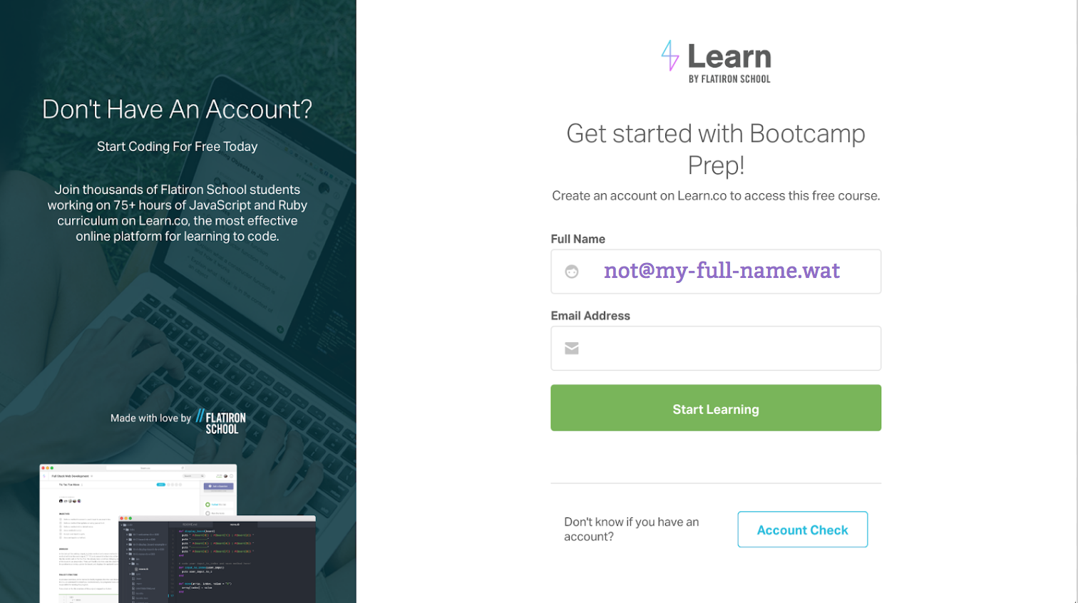 Learn.co Bootcamp Prep course sign up form